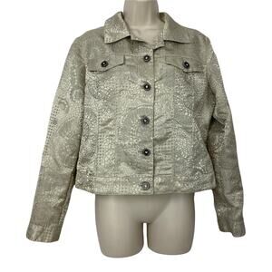 Chicos Jacket 1 Beige Animal Print Trucker Cropped Shiny Snake Skin Small